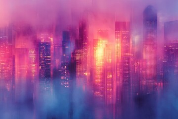 Fototapete - Vivid sunset clouds illuminated by city skyscrapers under vibrant hues of pink and purple in an urban skyline