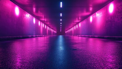 Aufkleber - Vibrant neon lights illuminate a sleek underground tunnel in a city at night, creating an atmospheric urban exploration experience