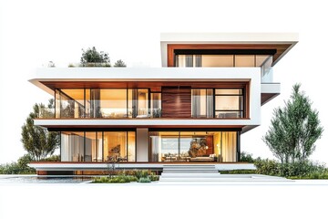 Aufkleber - Modern architectural design of a two-story house in a serene landscape featuring large glass windows and natural surroundings during winter