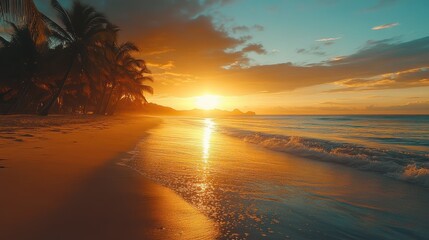 Fototapete - Beautiful sunset on a serene beach with gentle waves and silhouettes of palm trees, creating a tranquil atmosphere at twilight