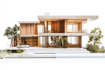 Aufkleber - Modern architectural design of a two-story house in a serene landscape featuring large glass windows and natural surroundings during winter