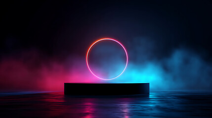 Wall Mural - Futuristic glowing ring surrounding a dark pedestal on smoky background with neon colors