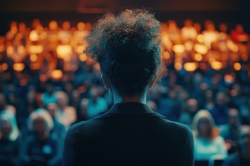 Aufkleber - Crowd gathered at an event watching a presentation under bright lighting in a large indoor venue at night