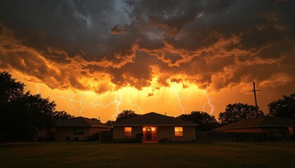 Aufkleber - Dramatic sunset with lightning striking against a dark, stormy sky over a suburban neighborhood in late evening