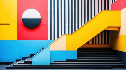 Aufkleber - Bold geometric shapes contrast under a vibrant sky in an urban setting during midday providing a striking visual experience of modern art and architecture