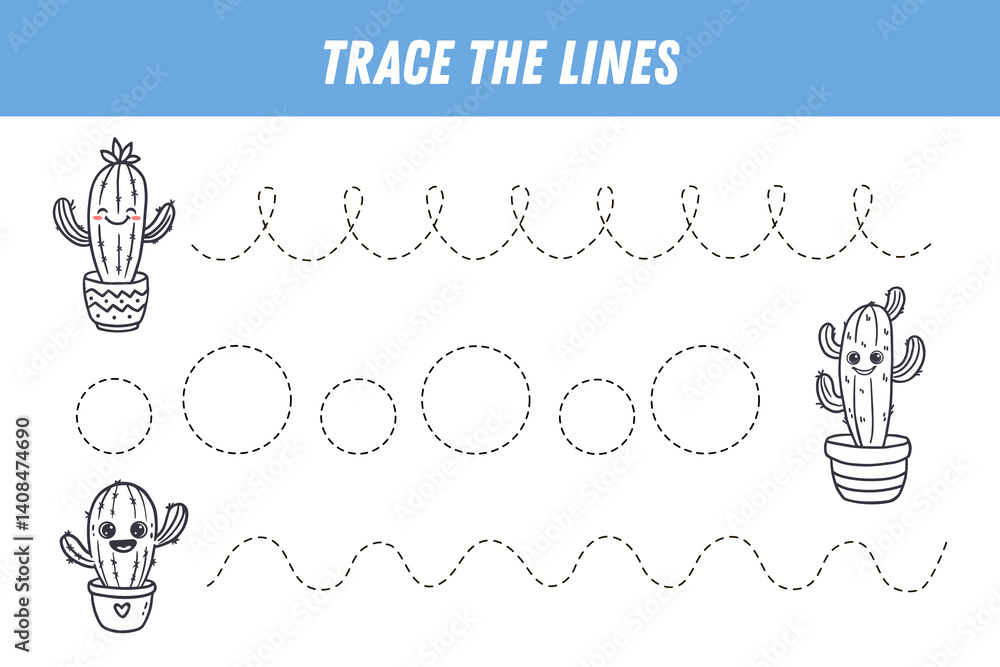 Tracing lines for kids. Funny cactus in doodle style. Cute cartoon ...