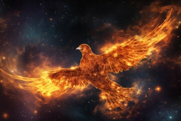 Wall Mural - A glowing phoenix rising from the ashes, flying through a cosmic sky
