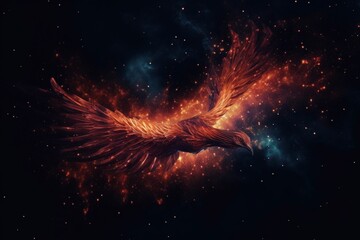 Wall Mural - A glowing phoenix rising from the ashes, flying through a cosmic sky