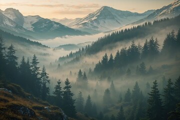 misty forest landscape in vintage retro style with scenic mountain view