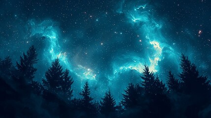 Wall Mural - Ethereal cyan nebula swirls above a dark, silhouetted pine forest under a starry night sky