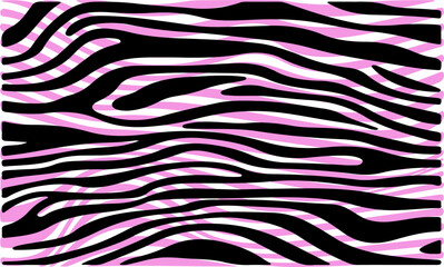 Fototapete - Vector illustration features black, white, and pink zebra-like stripes creating an abstract, dynamic pattern. The design is bold and vibrant, with flowing, wavy lines.