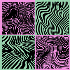 Fototapete - Vector illustration features vibrant zebra patterns in bold black, pink, and green colors, arranged in four square sections, creating a striking and modern design with a playful abstract touch.