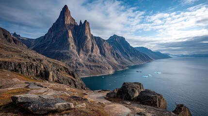 Wall Mural - Greenland coast showing dramatic cliffs and icebergs floating on the ocean
