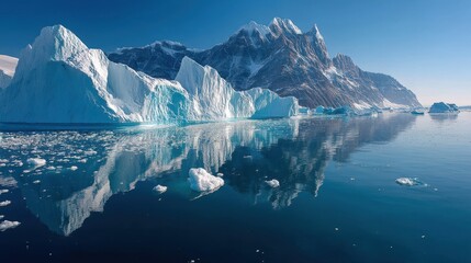 Wall Mural - Icebergs drifting in calm sea, greenland, under a clear blue sky