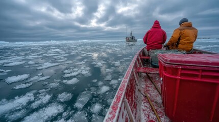 Wall Mural - Fishermen navigating icy waters in greenland