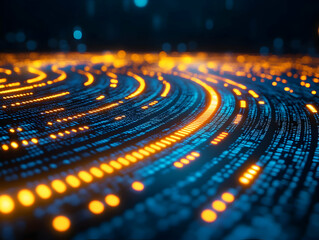 Digital data flow, glowing curves, dark background, technology concept