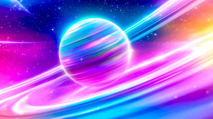 Wall Mural - glowing planet with colorful rings rotating in deep space