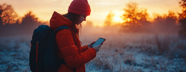 Woman Hiking at Sunrise, Using a Smartphone for Navigation