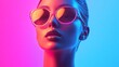 © Photo - Futuristic AI female robot in glowing neon colors with light head model on gradient backdrop highlighting the possibilities of mind and face recognition technology