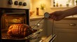 © studiothole - Roast Temperature Check: Oven-Baked Meat with Probe Thermometer in Warm Kitchen Light.