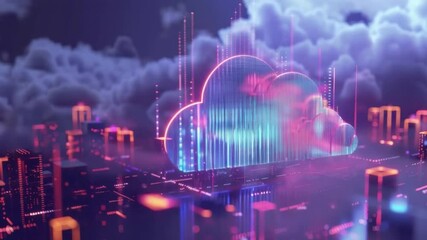 Poster - Cloud Computing in Modern Cityscape: A futuristic depiction of data transmission and global connectivity, with a luminous cloud symbol hovering over a cityscape under a dramatic sky.