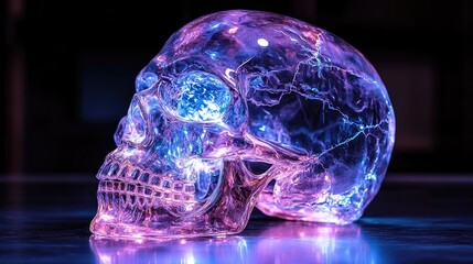 A vibrant, luminous skull, illuminated with a mesmerizing display of purple and blue light.
