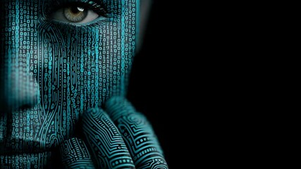 Artificial intelligence woman face with digital coding projected onto skin and hand near face over black background, technology futuristic.
