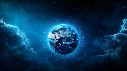 the image shows a vibrant blue earth surrounded by dark, swirling clouds and a starry night sky.