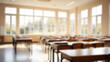 © Adi - Beautiful blurred background of bright classroom and study room with panoramic windows and beautiful lighting. Blurred Empty school background.