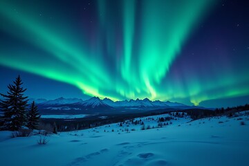 ultra wide view of aurora borealis across mountain skyline
