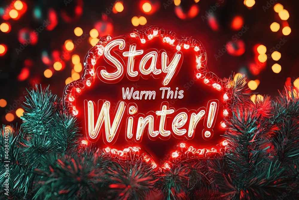 A glowing red neon sign displays the message to stay warm this winter amidst a backdrop of colorful lights and green pine branches, creating a cozy and festive atmosphere.