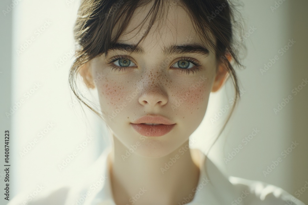 A young woman with striking green eyes and freckles gazes directly at the viewer. Soft natural light illuminates her face, creating a serene atmosphere.
