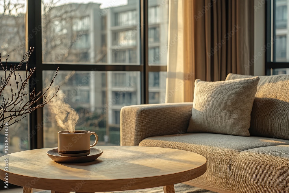 Sunlight pours into a modern living room, illuminating a cup of steaming coffee on a round wooden table.