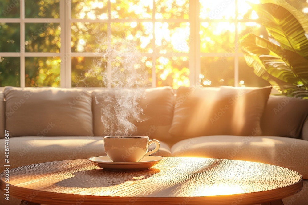 Soft sunlight fills a warm living room where a steaming cup of coffee sits on a polished wooden table. Green plants bask in the glow, creating a serene atmosphere for relaxation.