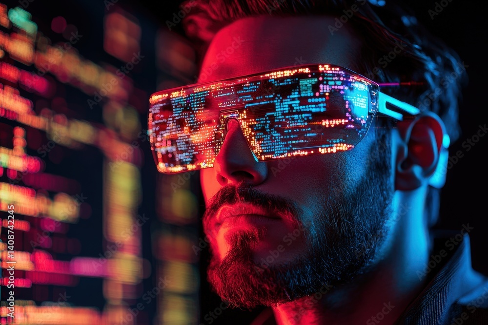 A man is focused intently while wearing high-tech glasses displaying colorful digital information. He is set against a dark backdrop filled with vibrant data streams, enhancing the atmosphere.
