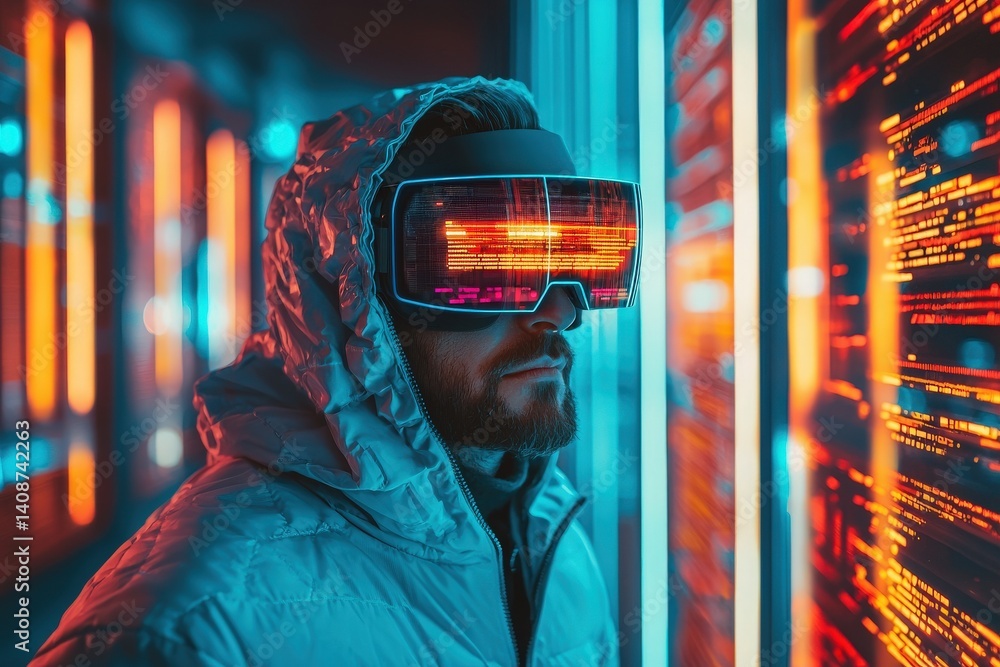 A person wearing a futuristic virtual reality headset engages with vibrant neon lights in a high-tech environment.