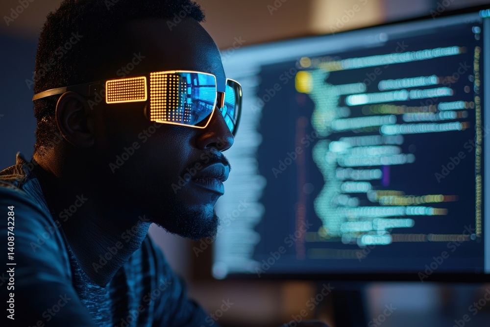A coder wearing stylish illuminated sunglasses focuses on lines of code displayed on a monitor in a low-lit, modern workspace. The vibrant glasses create an eye-catching effect.