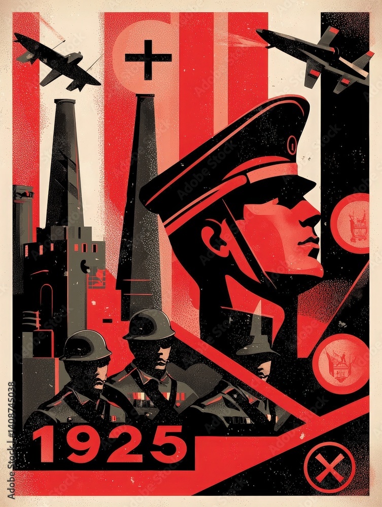 This artwork showcases a powerful depiction of military personnel alongside industrial structures, emphasizing strength and nationalism.