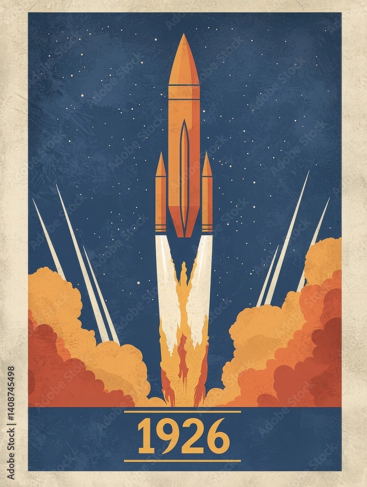 A vibrant, retro-styled rocket takes off against a starry night sky, with bright orange flames and billowing smoke below.