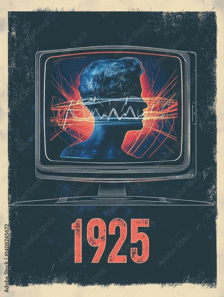 The design showcases a vintage television displaying a human silhouette with colorful wave patterns emanating from the head.