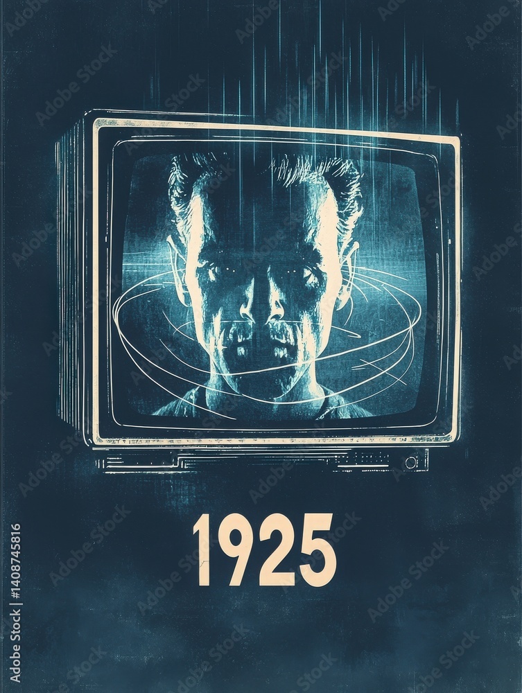 A striking retro design showcases a mans intense face on a vintage television screen, with dynamic lines around his head, evoking a powerful emotional response and highlighting the year 1925.