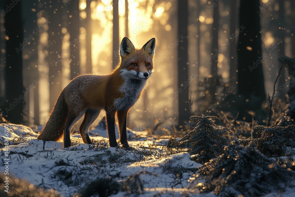 A red fox stands elegantly in a snowy forest, illuminated by soft morning sunlight filtering through the trees. The tranquil scene captures the foxs alertness amidst the wintry terrain.