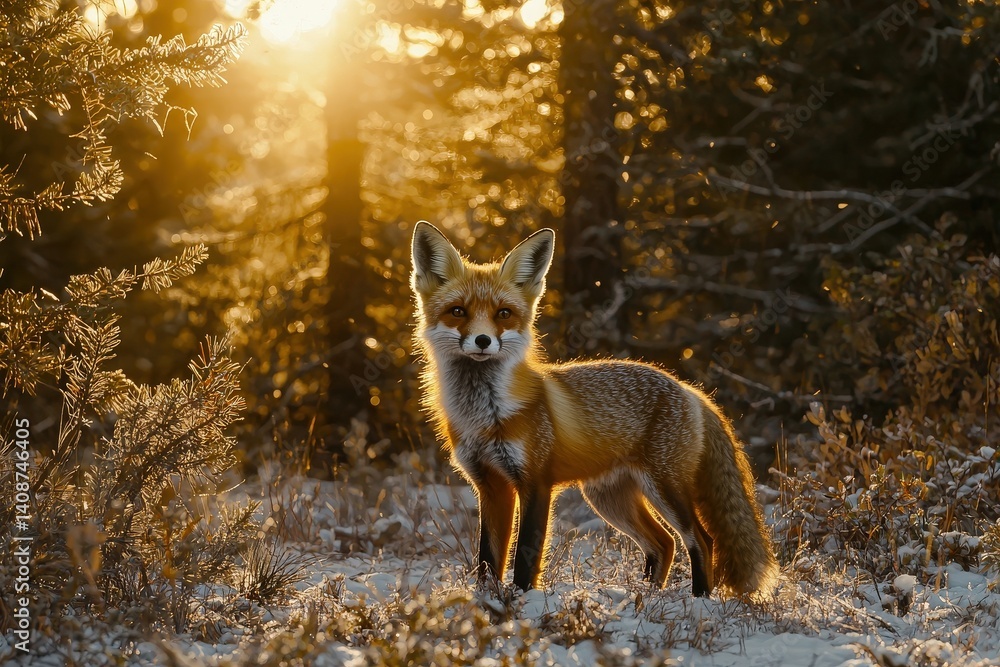 A red fox stands gracefully in a snowy landscape, surrounded by trees. The warm glow of the setting sun illuminates its fur, creating a serene atmosphere in the forest.
