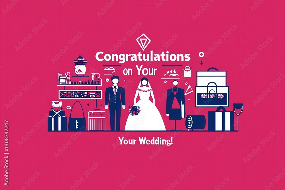 This colorful design celebrates weddings, featuring graphics of a bride and groom, gifts, and wedding essentials, perfect for decorations or invitations. Bright colors enhance the festive theme.