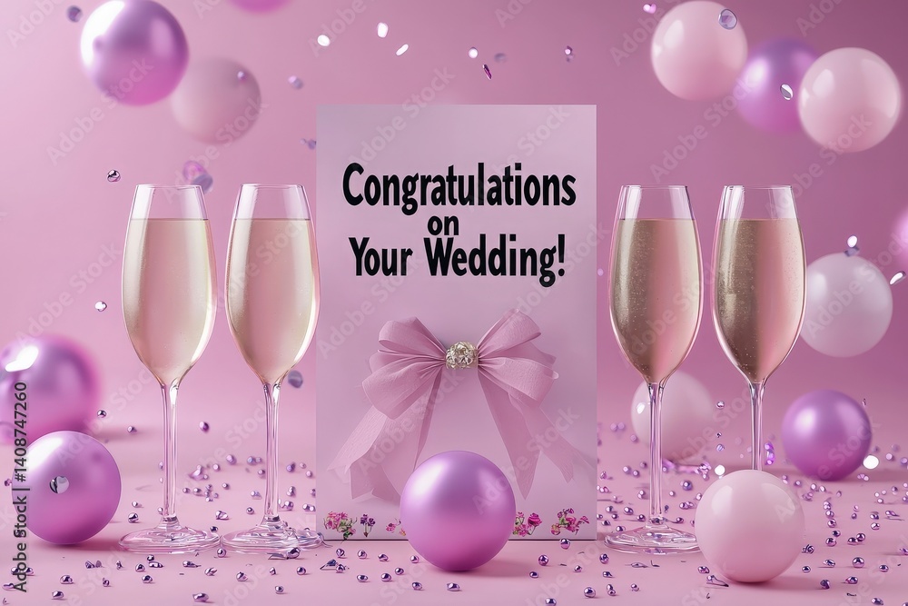 A festive arrangement featuring four glasses of champagne beside a wedding card adorned with a pink bow. Colorful balloons and shimmering confetti create a joyful atmosphere for a wedding celebration.