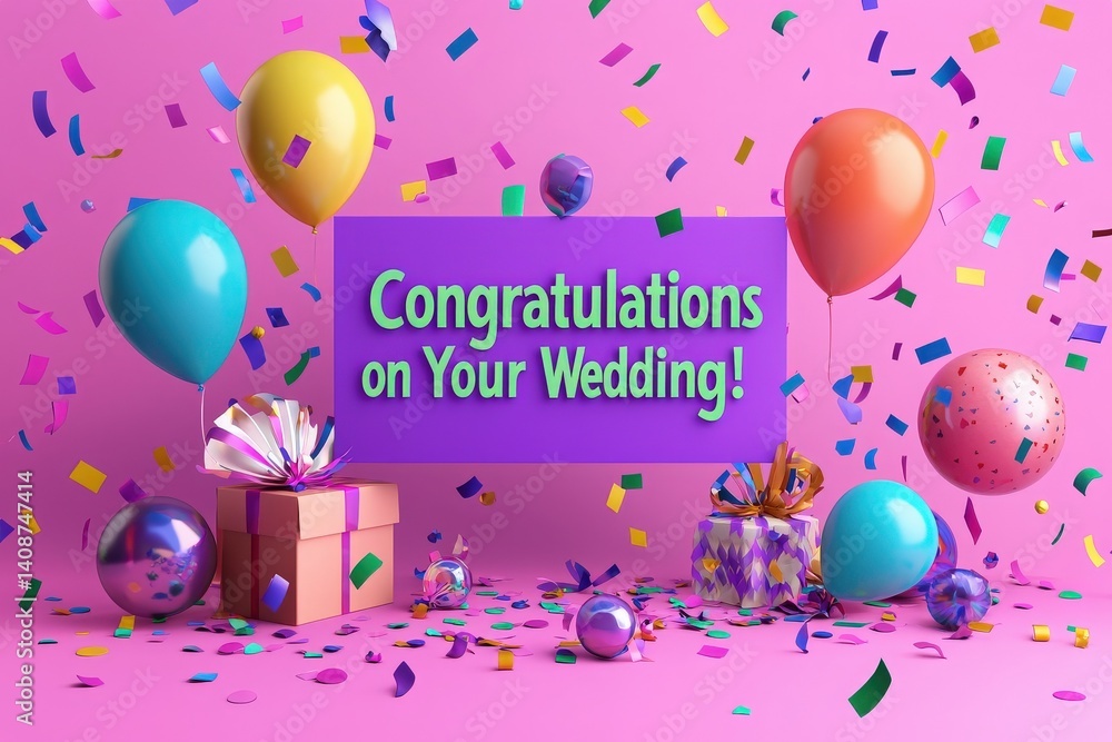 Vibrant wedding celebration with balloons, confetti, and gifts adorning a pink background. A cheerful sign proclaims congratulations to the newlyweds, creating a festive atmosphere.