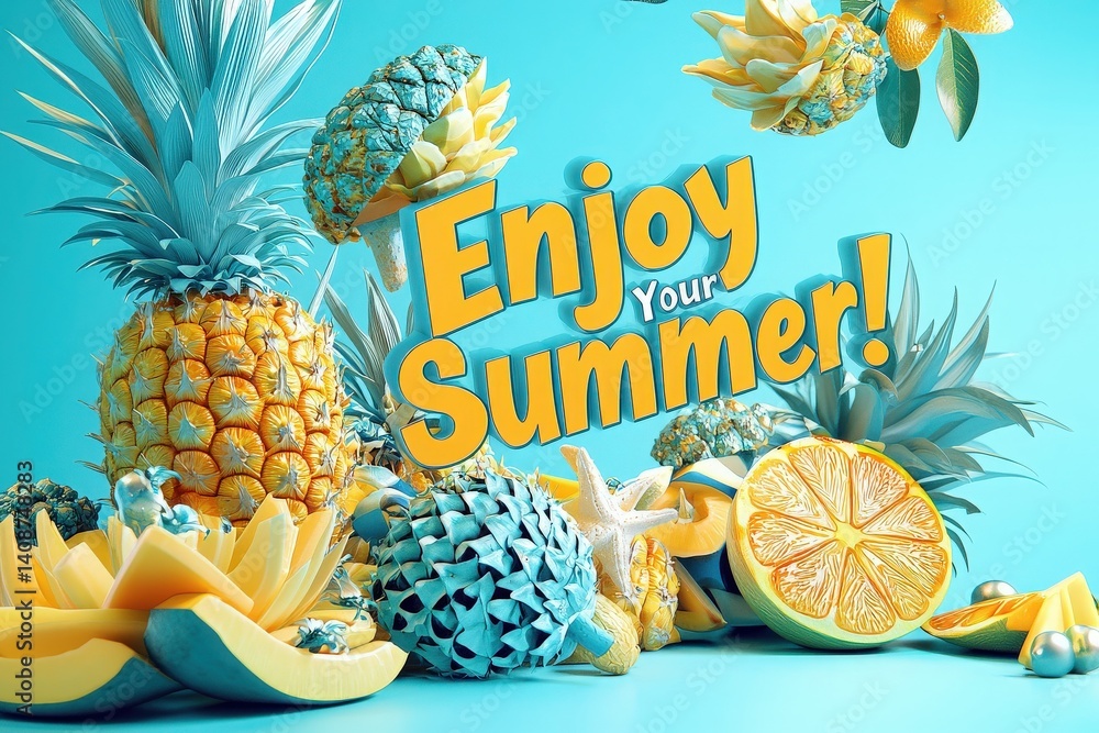 Colorful tropical fruits like pineapples, bananas, and lemons create a vibrant summer scene. The playful arrangement exudes a joyful atmosphere perfect for summer celebrations and gatherings.