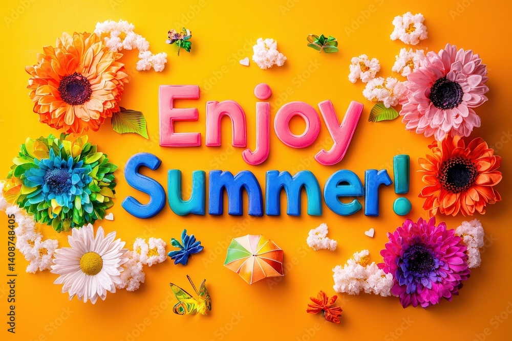 A colorful arrangement features a joyful message inviting everyone to enjoy summer. The bright backdrop is adorned with flowers, decorative elements, and playful shapes, creating a festive atmosphere.