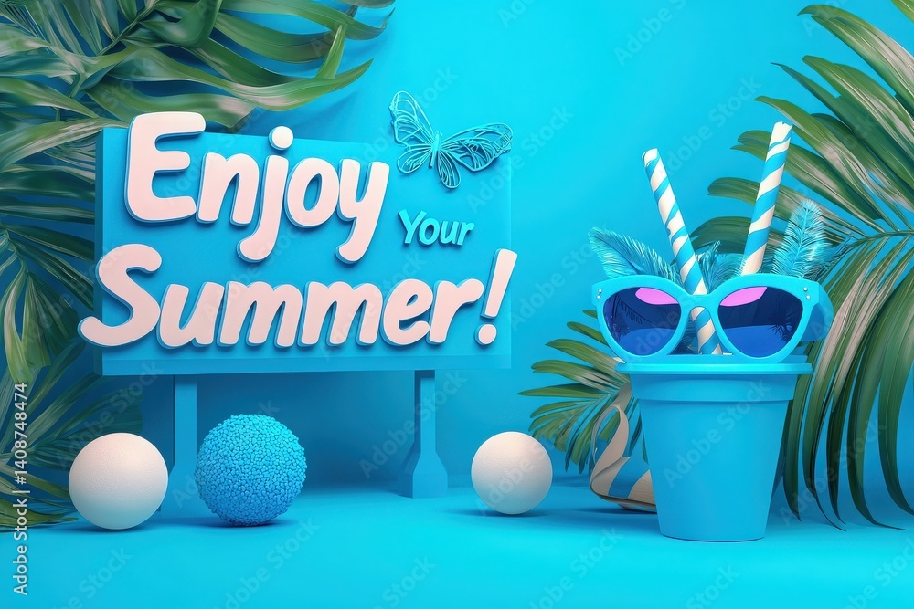 A vibrant display features a blue sign with Enjoy Your Summer! surrounded by tropical leaves. A playful cup holds sunglasses and straw, with colorful balls scattered around.