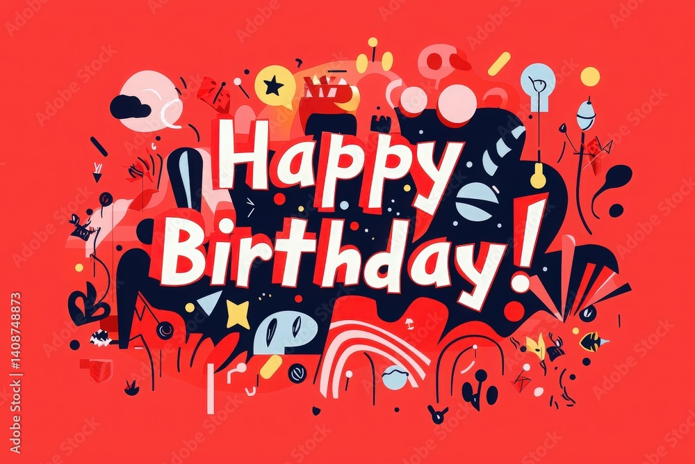 Colorful and playful design features bold typography saying Happy Birthday surrounded by various abstract shapes and patterns. The background is bright red, making all elements stand out.